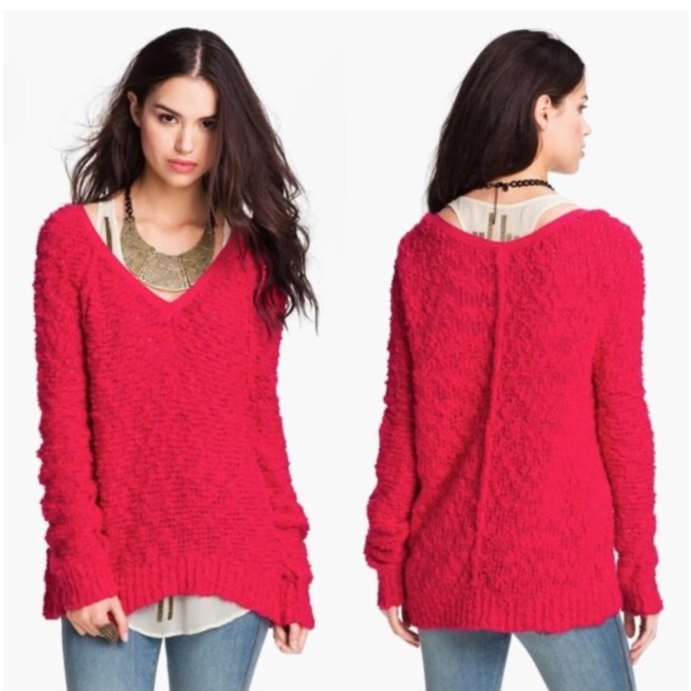 Free People Bauble Open Knit Sweater Medium Pink Layering V Neck Y2K‎ Womens